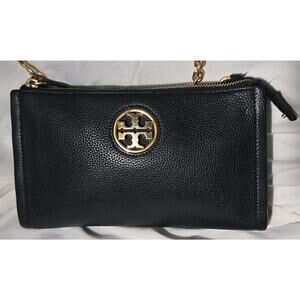 Tory Burch Black Pebbled Crossbody Bag with Gold Logo Accent and Zip Closure